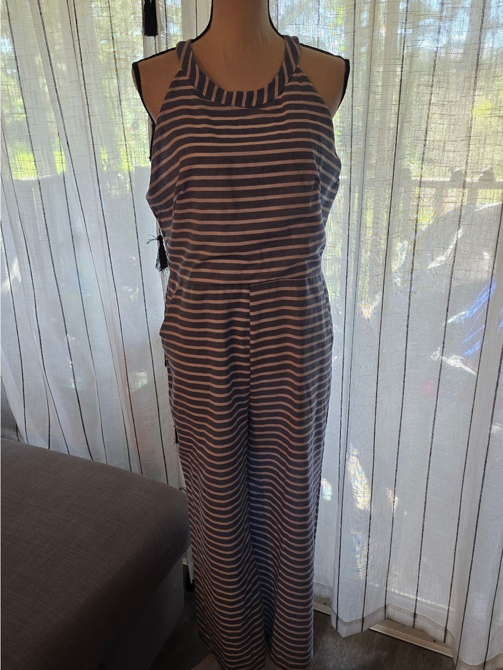 Sleeveless Striped Gray & White Knit Jumpsuit